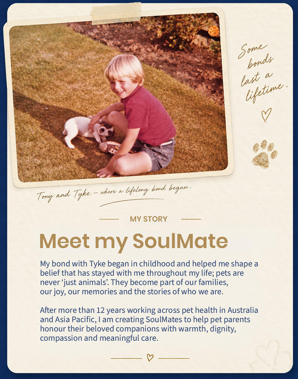Our Story Tony Emmerson as a child sitting on the grass with Tyke as a puppy.