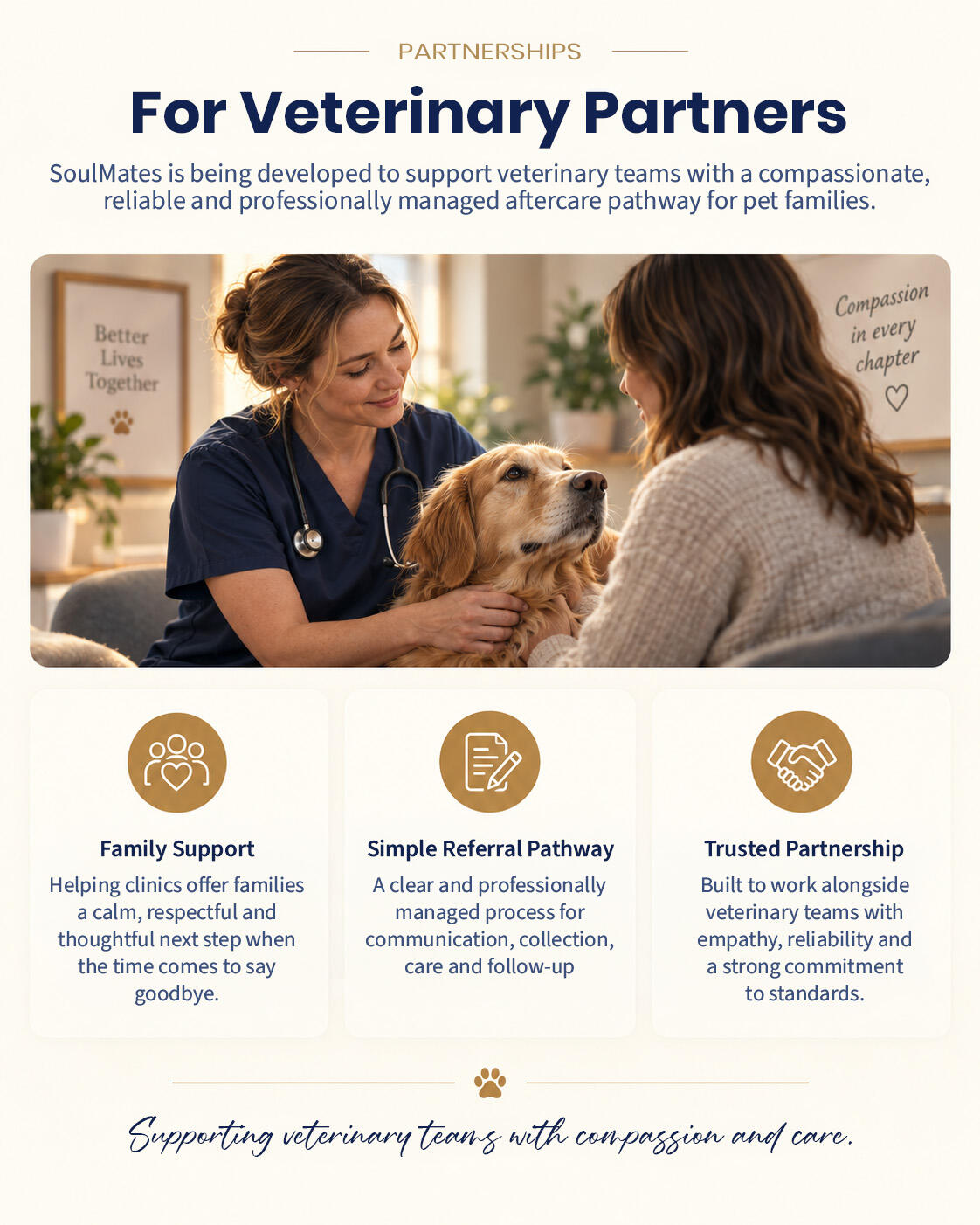 SoulMates Veterinary Partners Veterinarian supporting a pet parent and dog, representing SoulMates’ future veterinary partnership pathway.