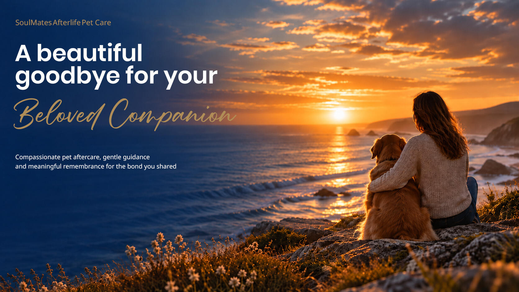 Pet parent and dog overlooking the ocean at sunset.