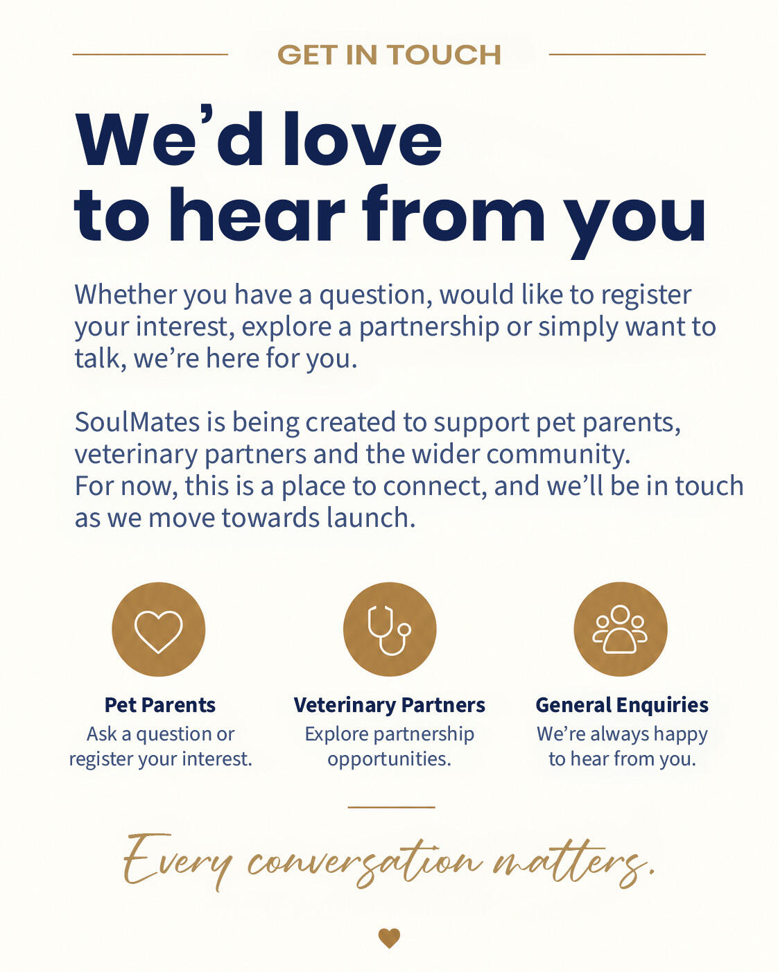 Contact SoulMates Contact SoulMates as a pet parent, veterinary partner or general enquirer.